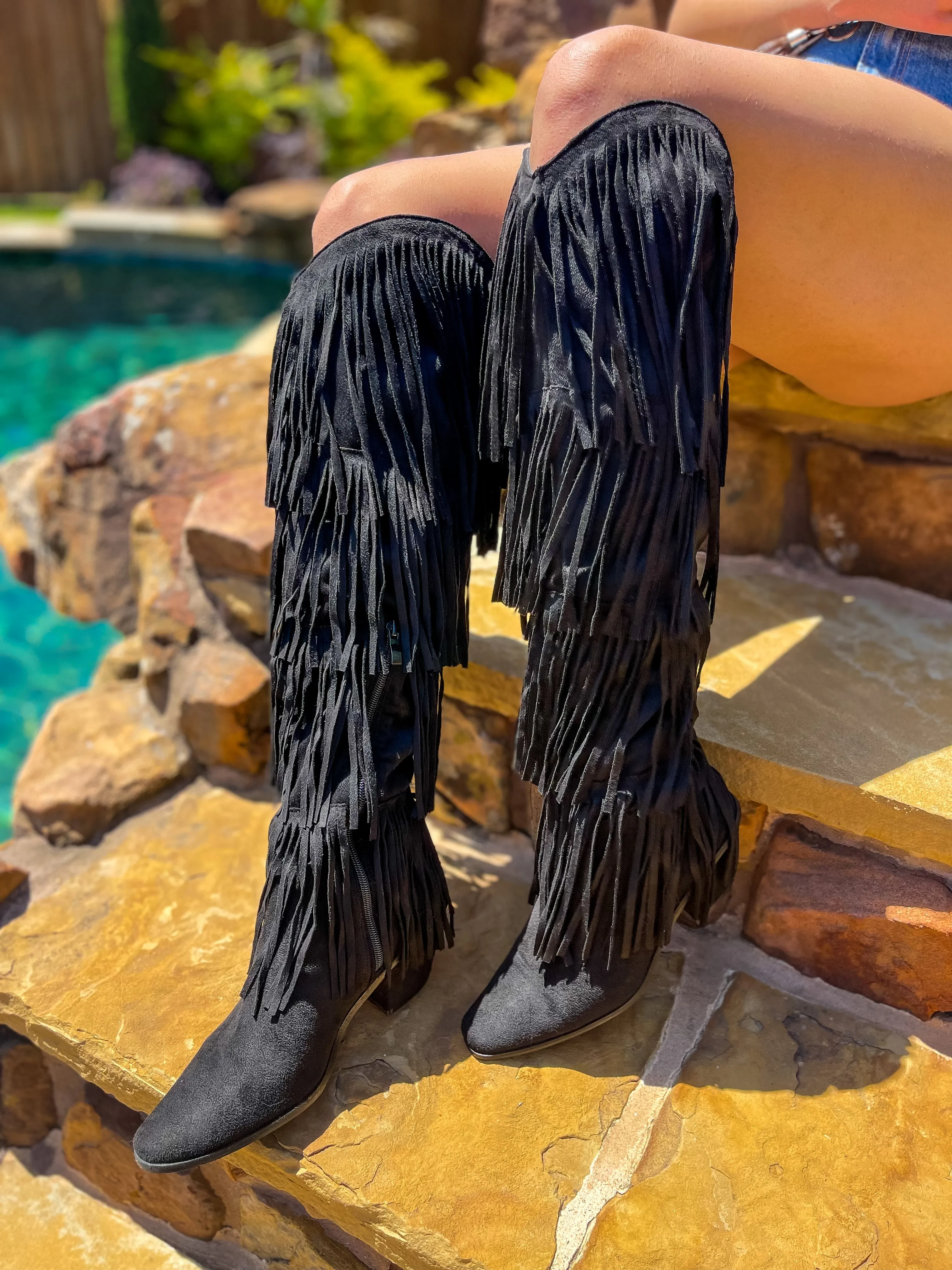 Beau Fringe Over The Knee Boots - Black