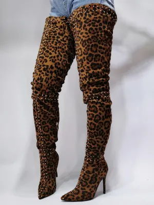 Stretch Thigh High Leopard Boots Over the Knee Boots Thin High Heel Long Shoes