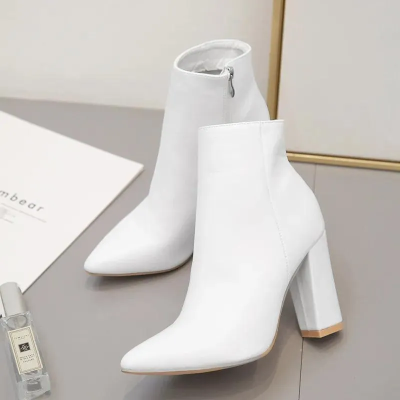 White Pointed Toe Women Ankle Boots